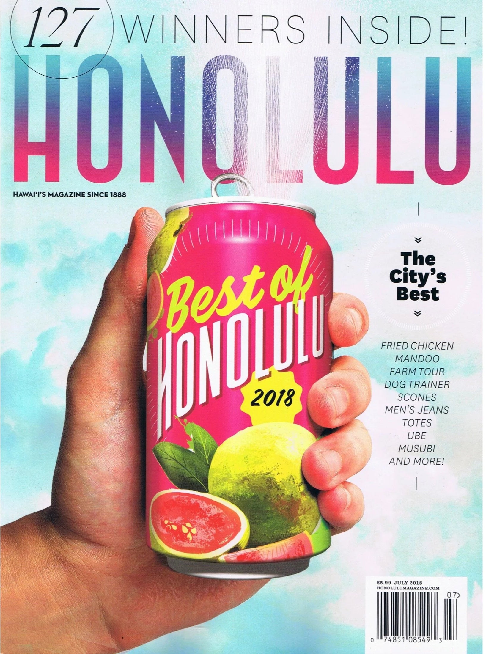 Magazine cover featuring a can of 'Best of Honolulu 2018' with a hand holding it, set against a colorful background.
